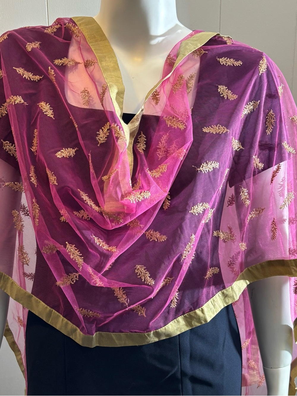 Sheer Pink Scarf with Gold Embroidered Motifs